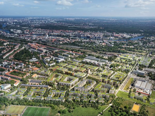 Luftaufnahme von Berliner Ortsteil Johannisthal, mit Visualisierung der zukünftigen Bebauung des Segelflieger Quartiers.