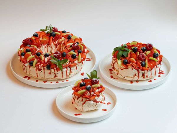 3 unterschiedlich große Baisertorten mit Obst