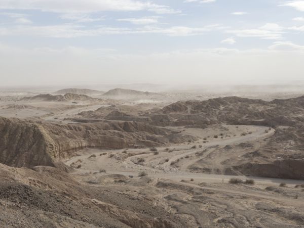 Brachland während der jüngsten Santa-Ana-Winde im Januar 2025, Anza- Borrego State Park, Kalifornien, 2025