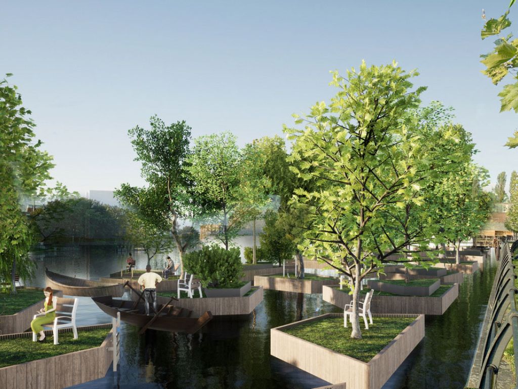 3D Modelle eines Parks von Bauminseln an der Spree