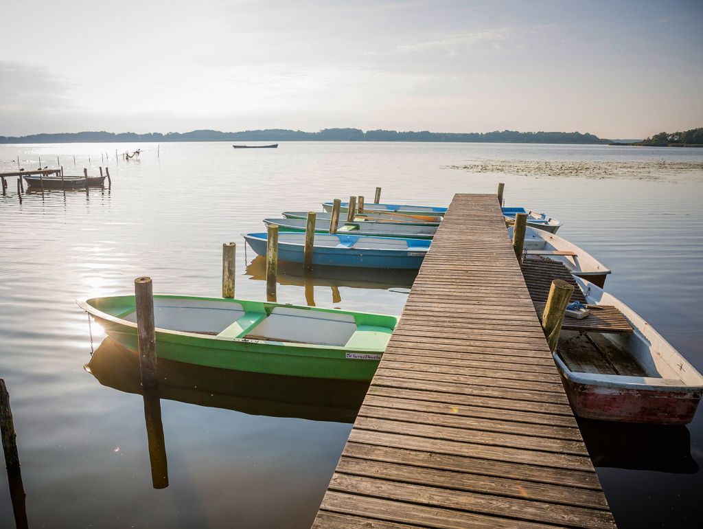Ein Steg mit anliegenden Booten an einem See bei Sonnenschein