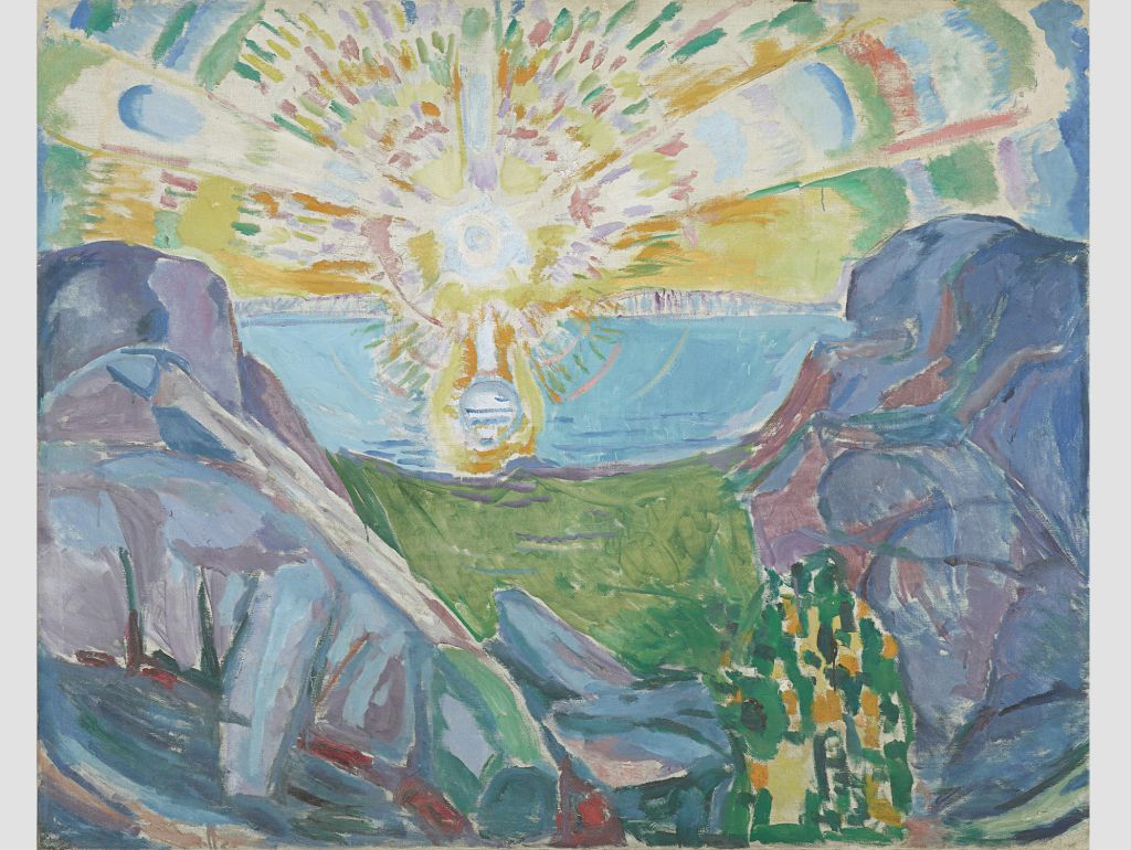 farbenfrohes gemälde eines sonnenaufgangs über dem meer in einem fjord