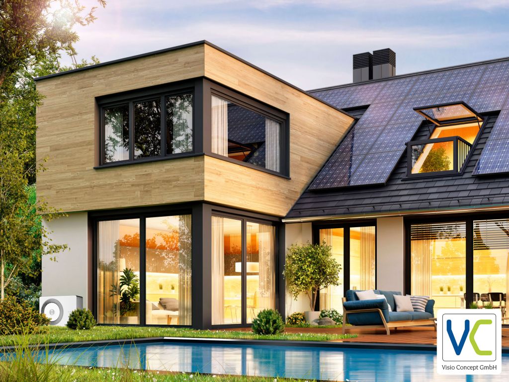 Ein modernes Haus mit Photovoltaik-Anlage und Wärmepumpe