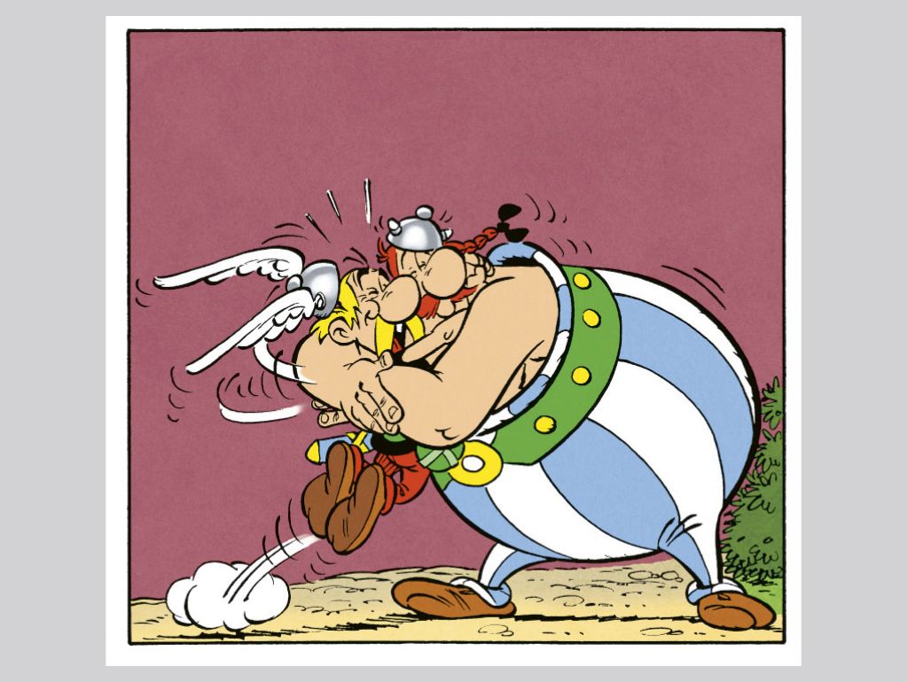 Zeichnung von Asterix und Obelix die sich umarmen