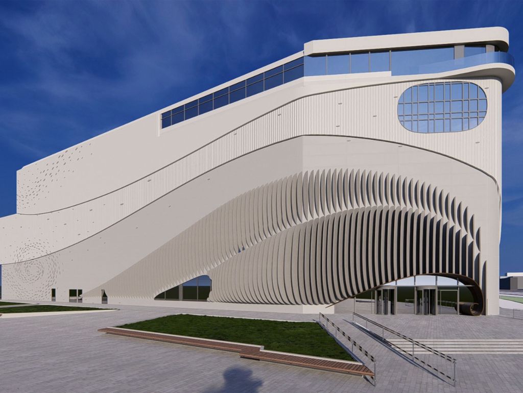 Rendering von dem neuen Meeresmuseum mit blaue Himmel als Hintergrund