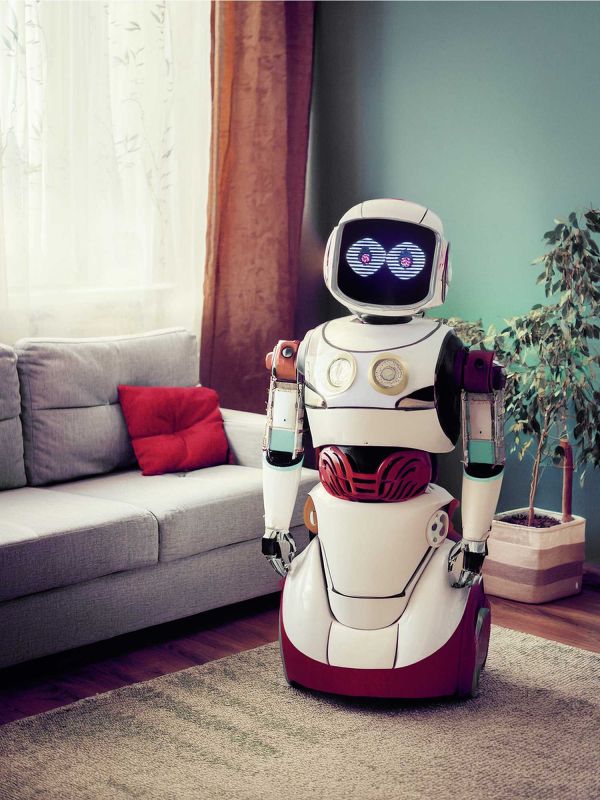 KI generierter Roboter vor einem Sofa 