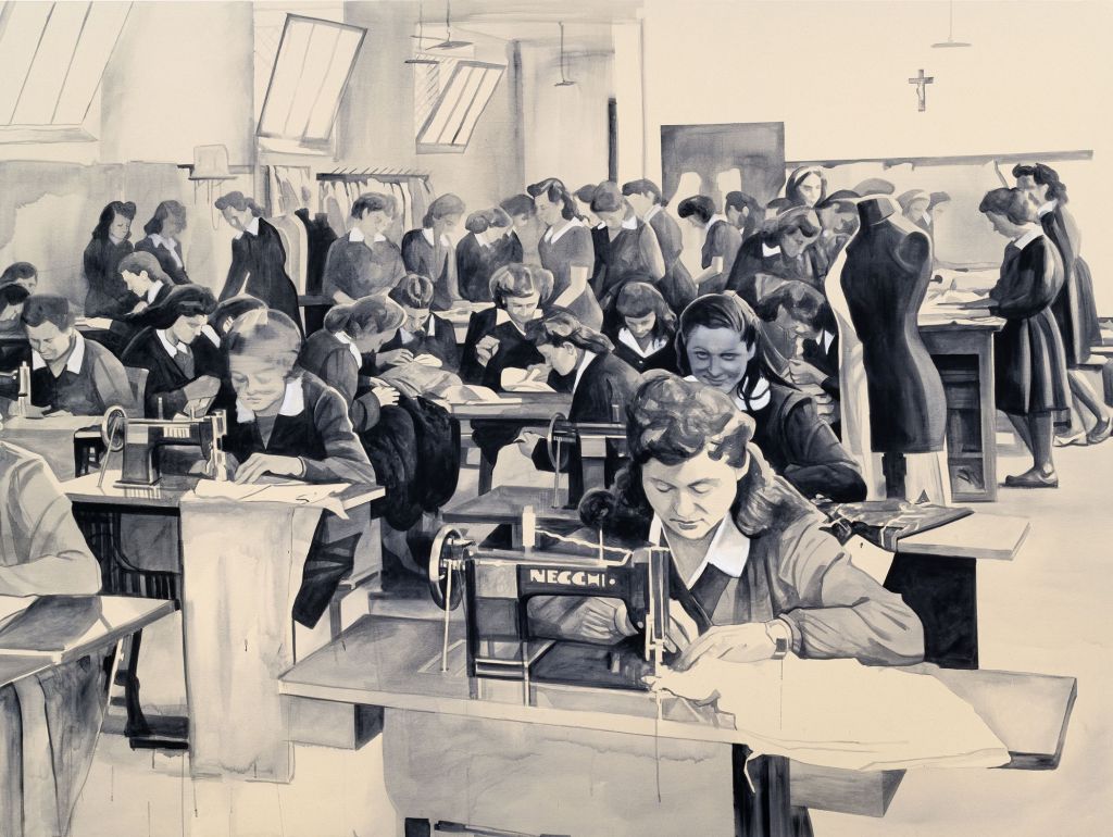 Arbeiterinnen an Nähmaschienen; Gemalt 