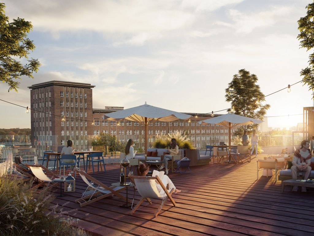 Dachterrasse mit Ausblick auf das geschichtsträchtige Funkhaus 