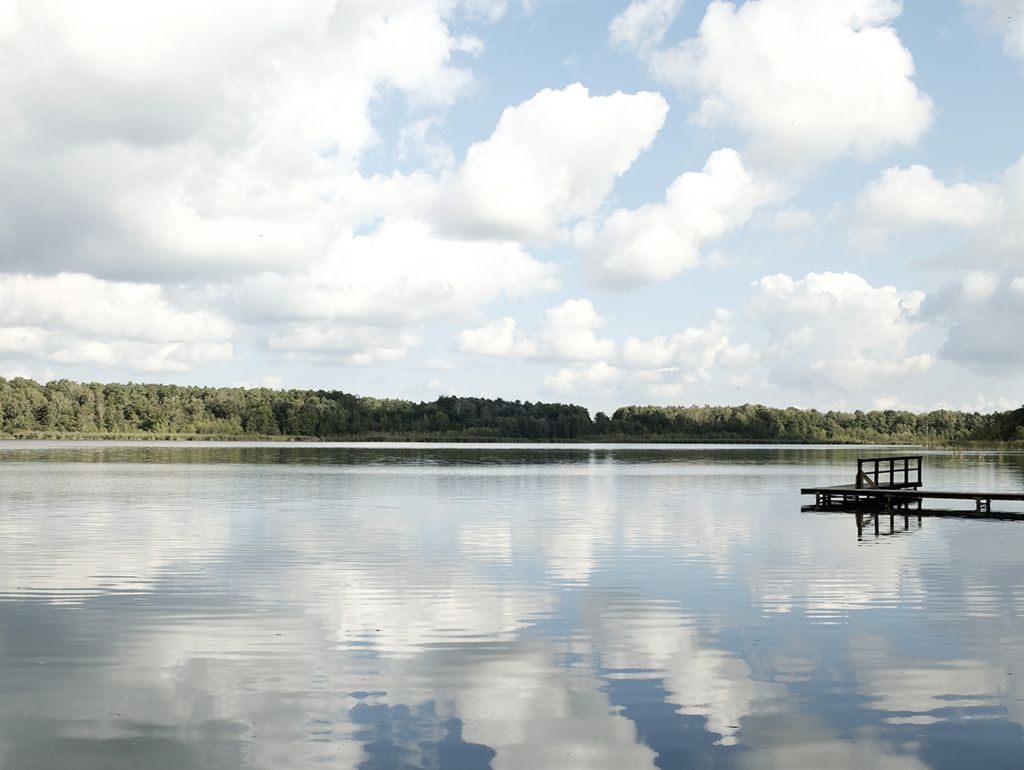 Glatter See mit einem Steg und Wald am anderen Ufer