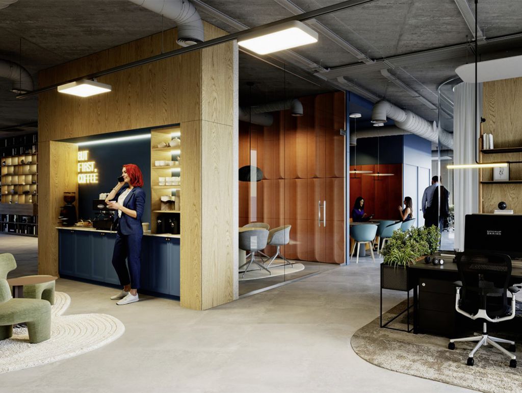 Geplante Büroflächen mit hoher Aufenthaltsqualität und Fokus auf gesundes Arbeiten Und