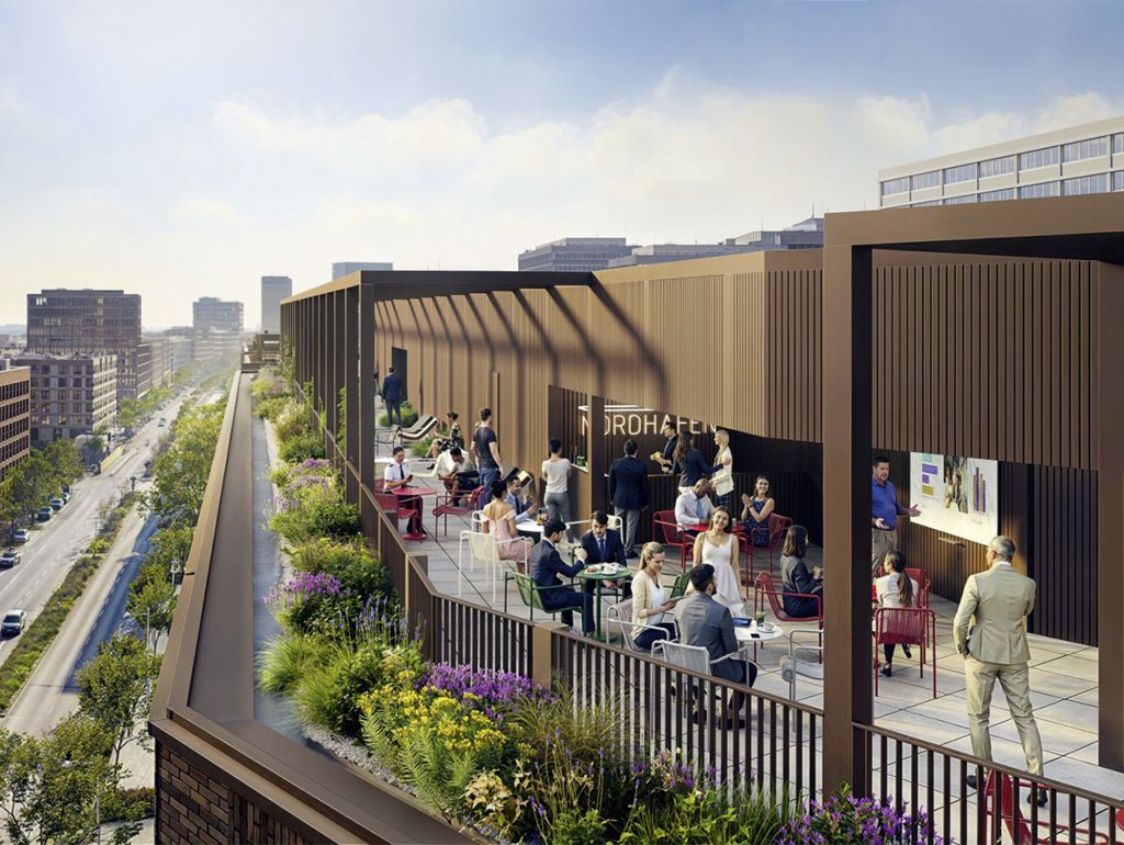 Visualisierung der begrünten Dachterrasse mit Blick auf das umliegende Stadtquartier