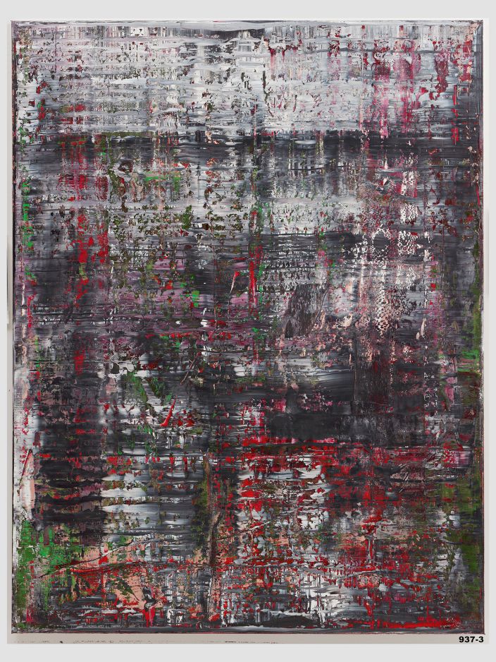 ein von gerhard richter übermaltes foto. grau rot weiss  und grün