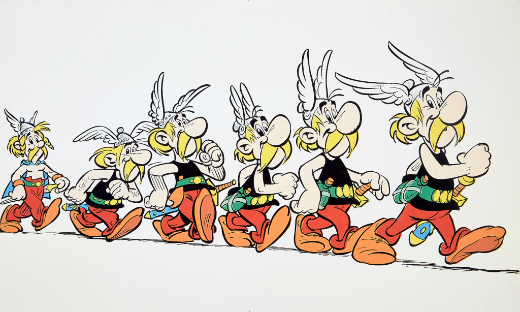 Eine Comic-Illustration von Asterix, die seine Evolution zeigt genau so wie bei den Zeichnungen von der Evolution der Menschen. Die Figuren scheinen in Bewegung zu sein, jede mit unterschiedlichen Armpositionen.