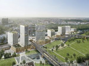 Das geplante Quartier „Urbane Mitte“ besteht aus sieben im Grundriss trapezförmigen Gebäuden mit 25 bis 90 Metern Höhe.  Die Flächen vor den Gebäuden sollen den Gleisdreieckpark ergänzen 