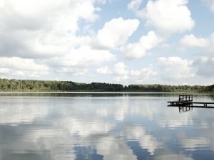 Glatter See mit einem Steg und Wald am anderen Ufer
