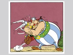 Comic-Zeichnung von Asterix und Obelix die einandern umarmen