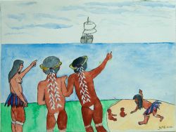 drei Indigene gucken aufs Meer. Ein schiff am Horizont neben ihnen spielen 3 kinder